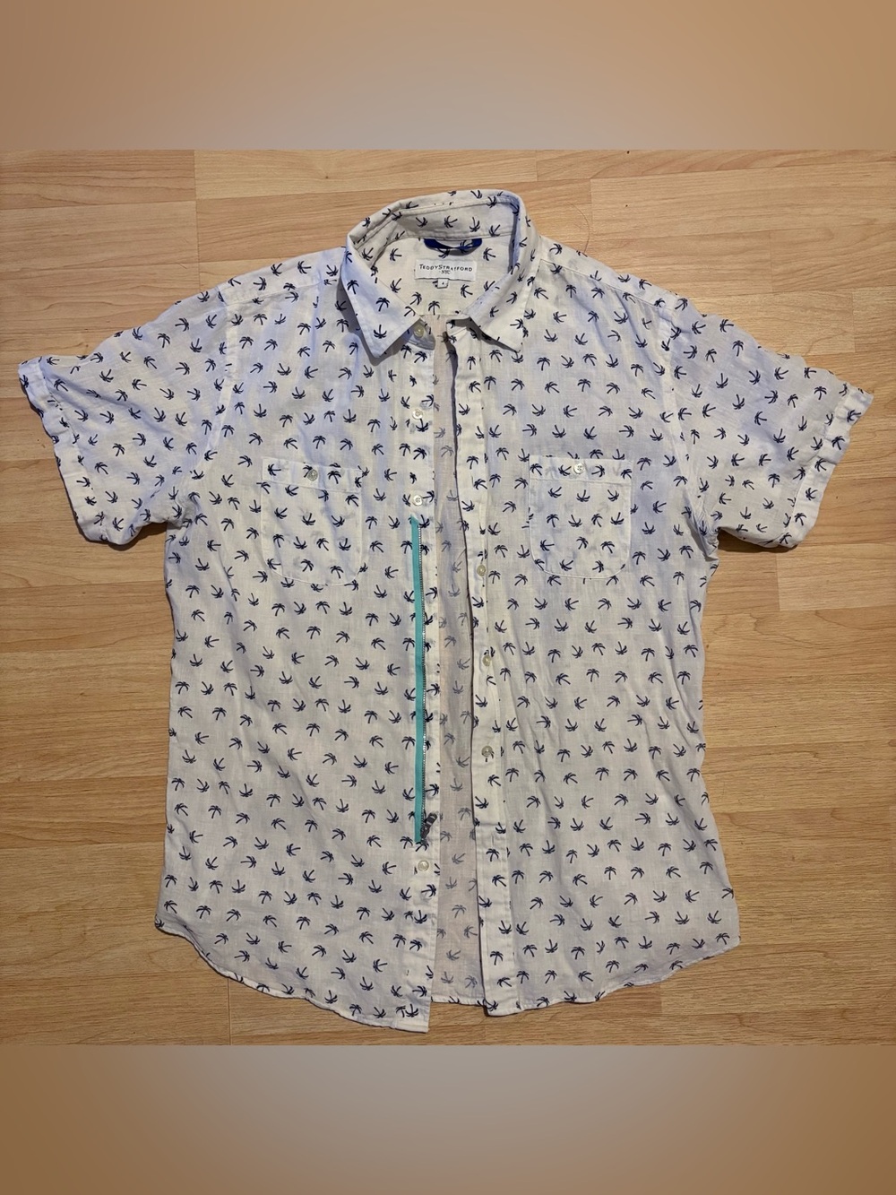 Teddy Stratford NYC Linen Shirt Mens 4 Palm Button Zip Short Sleeves